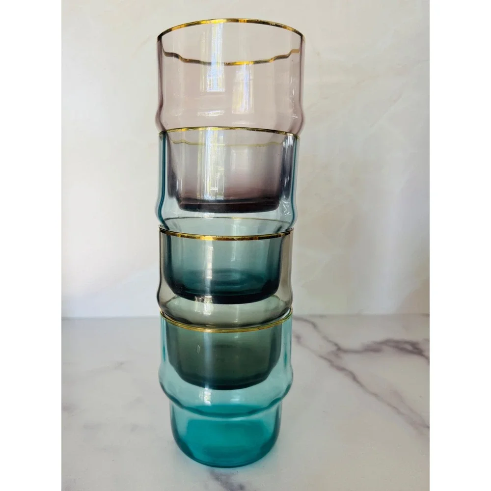Set of 4 Stackable Colored Glass Tumblers with Gold Rim Mixed Jewel Tone Colors‎